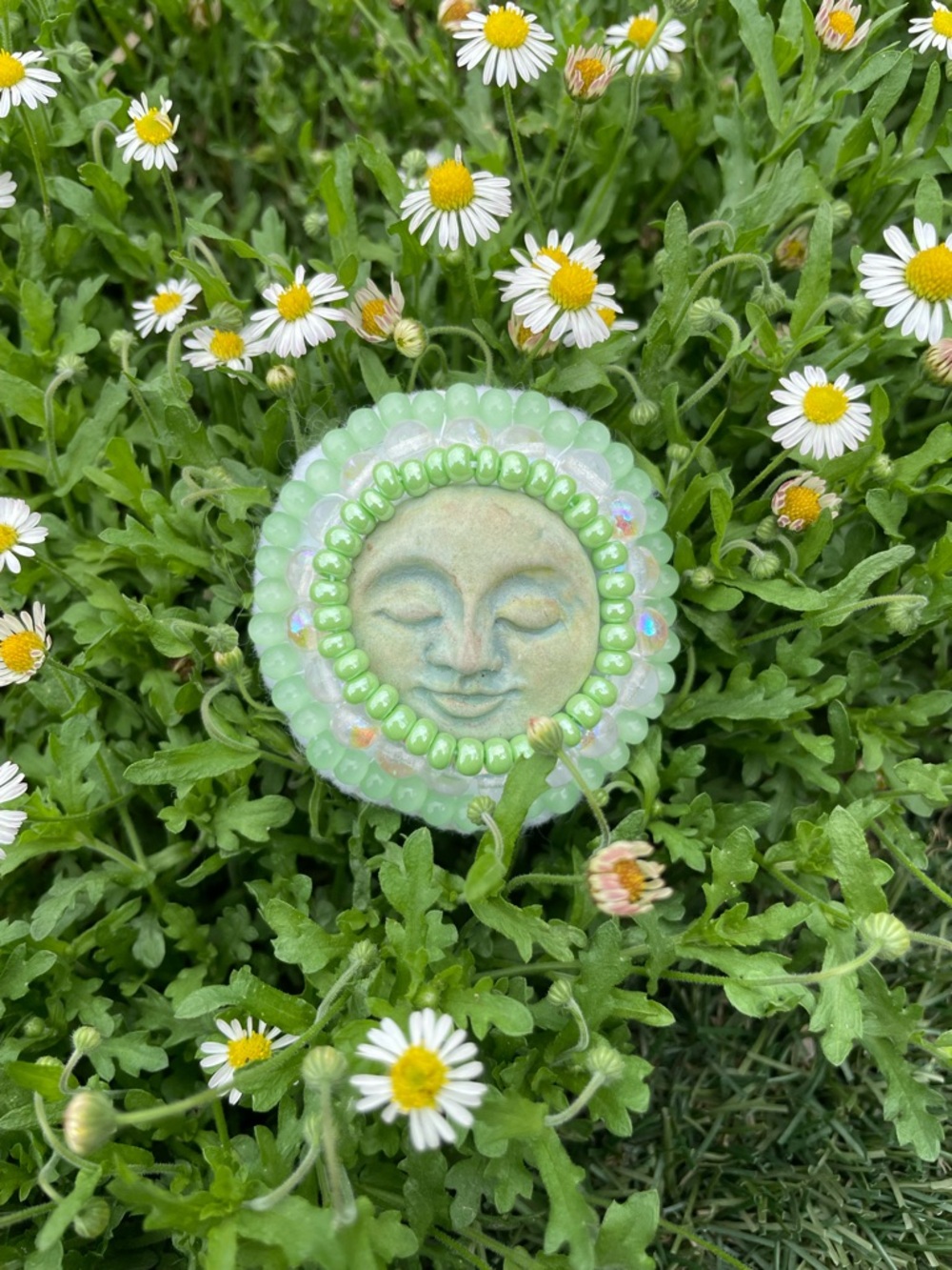 Beautiful handmade whimsical clay Moon face beaded pin brooch